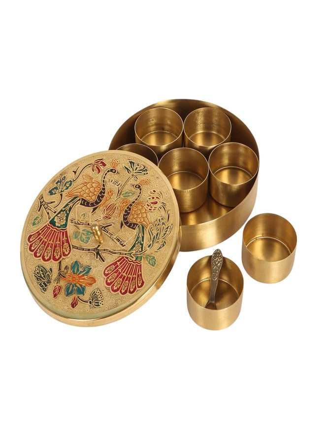 Two Moustaches 8 Inches Twin Peacock Carved Brass Spices Box Set, Brass Masala Box for Kitchen, Housewarming Gifts, 7 Containers & 1 Spoon, Multicolored, Pack of 1 - Image 5